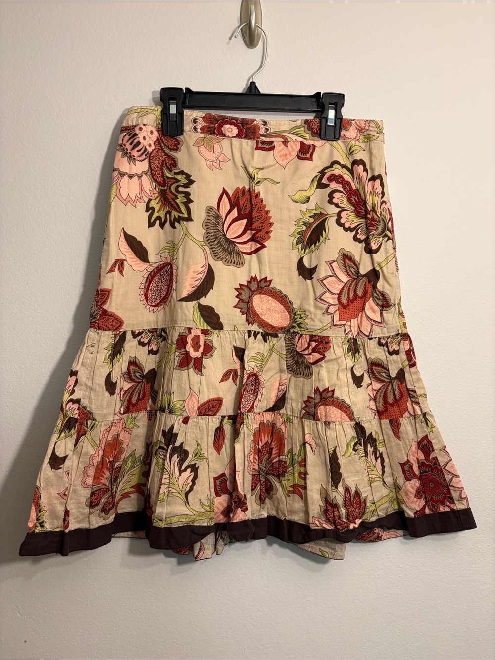 Floral Tiered A-Line Skirt Beige with Pink & Red Floral